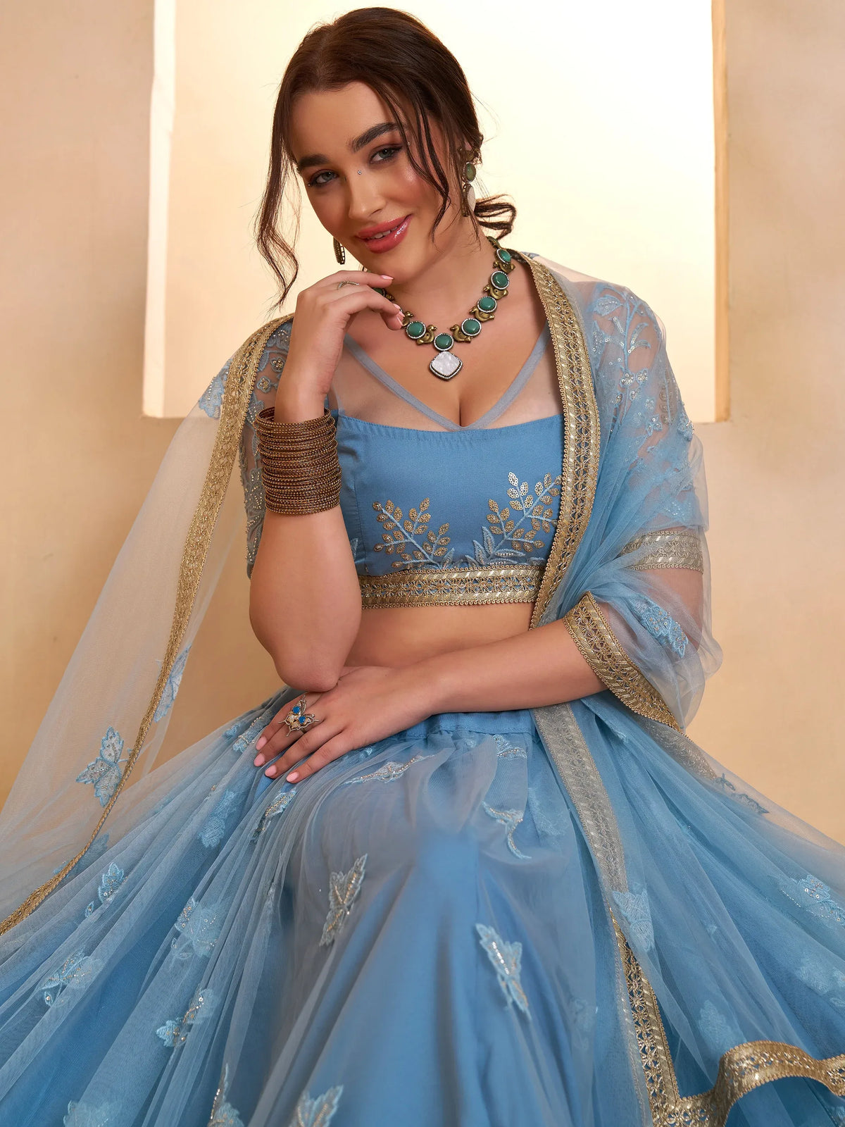 Dreamy Light Blue Sequins Net Reception Wear Lehenga Choli With Dupatta