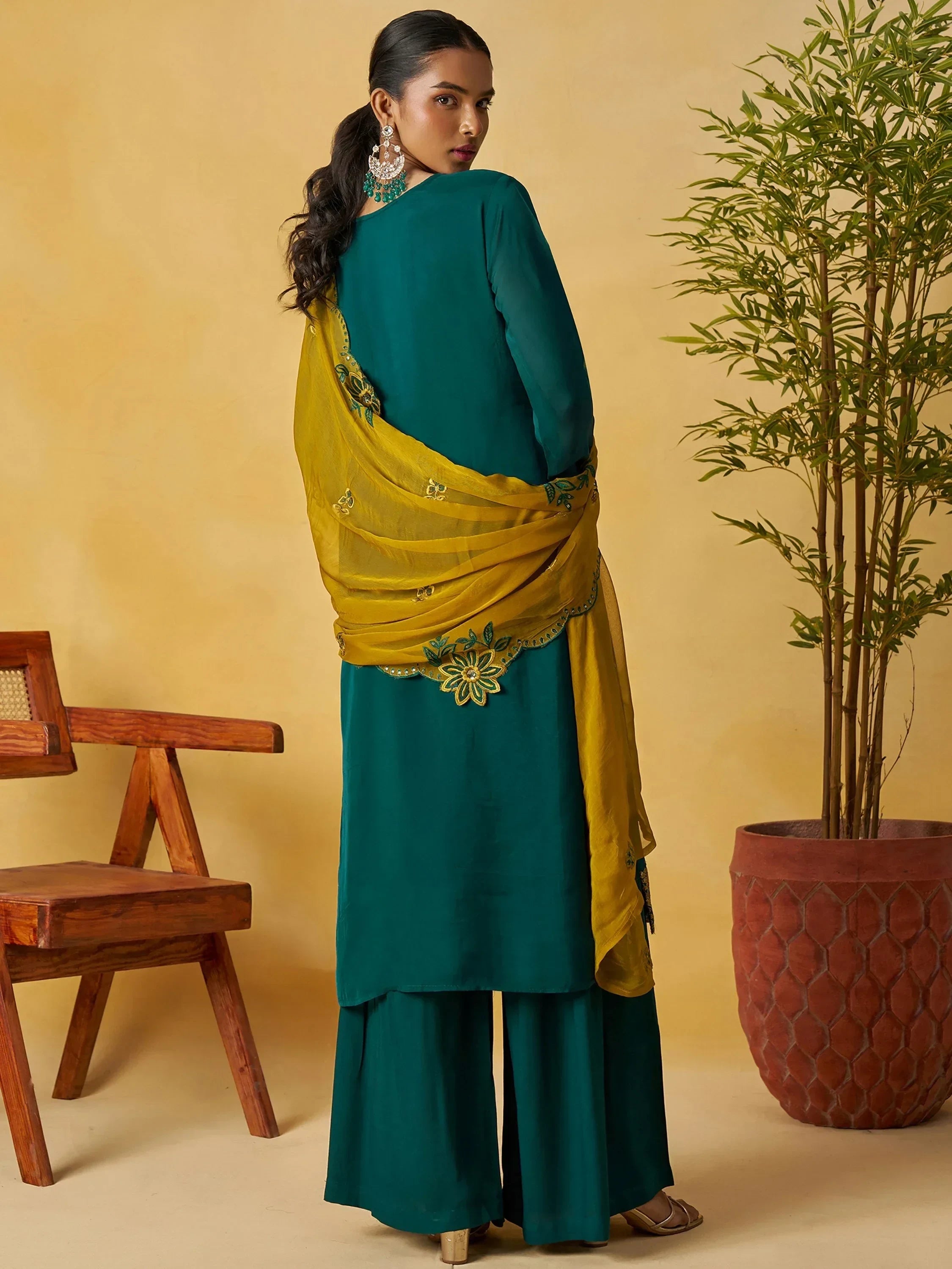 Glowing Green Embroidered Organza Function Wear Palazzo Suit