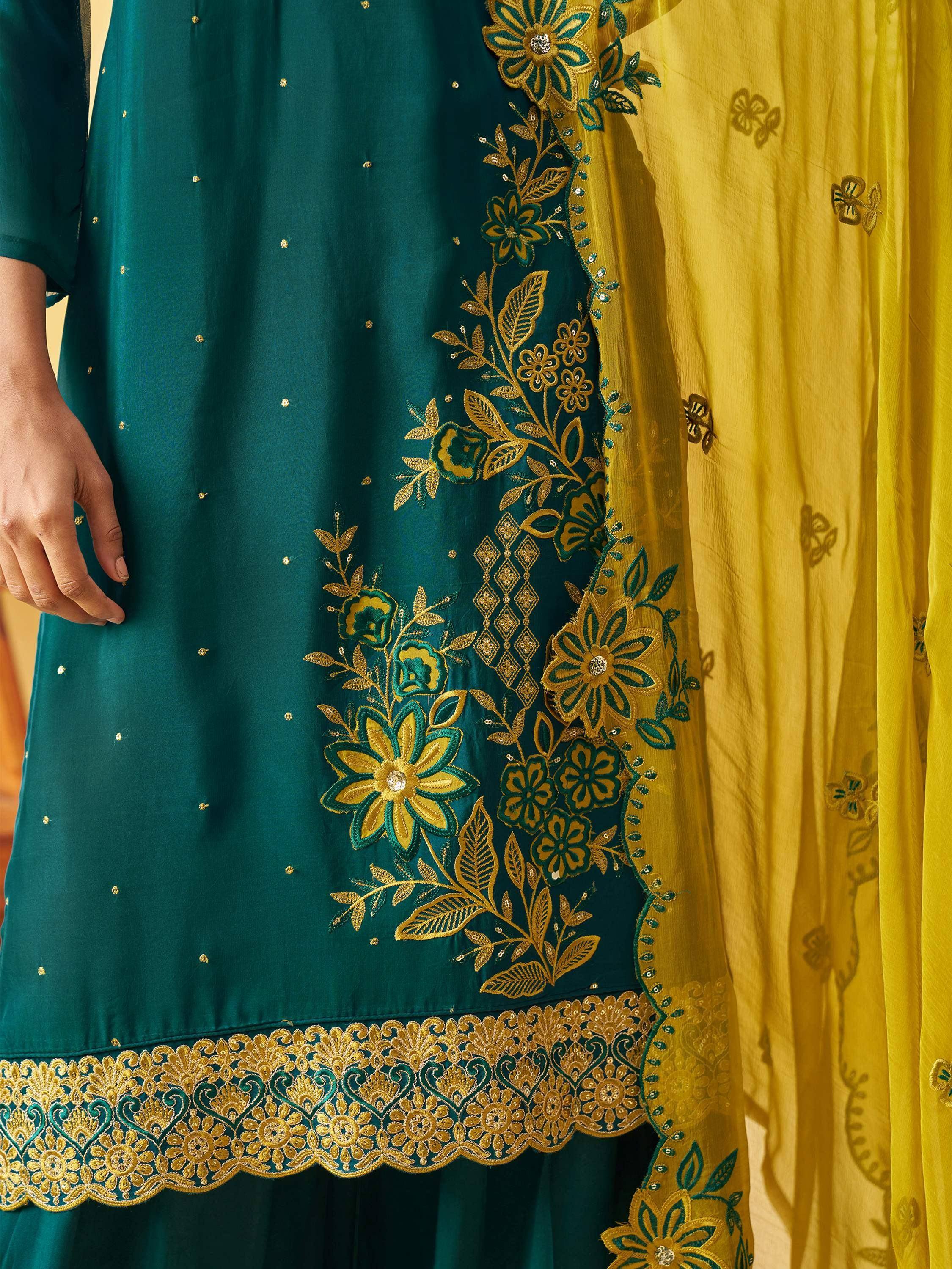 Glowing Green Embroidered Organza Function Wear Palazzo Suit