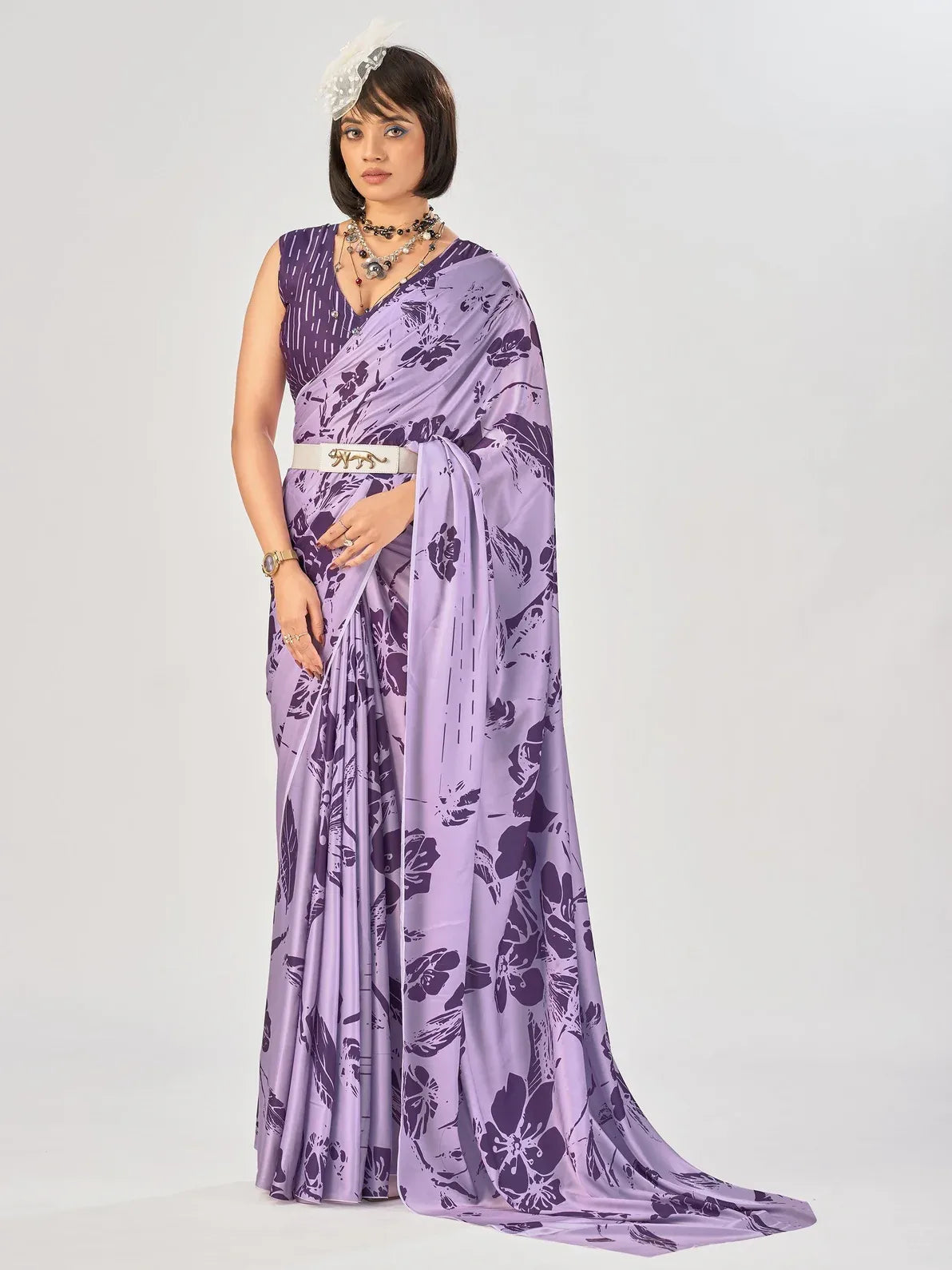 Glowing Lavender Flower Print Satin Festive Wear Saree With Blouse