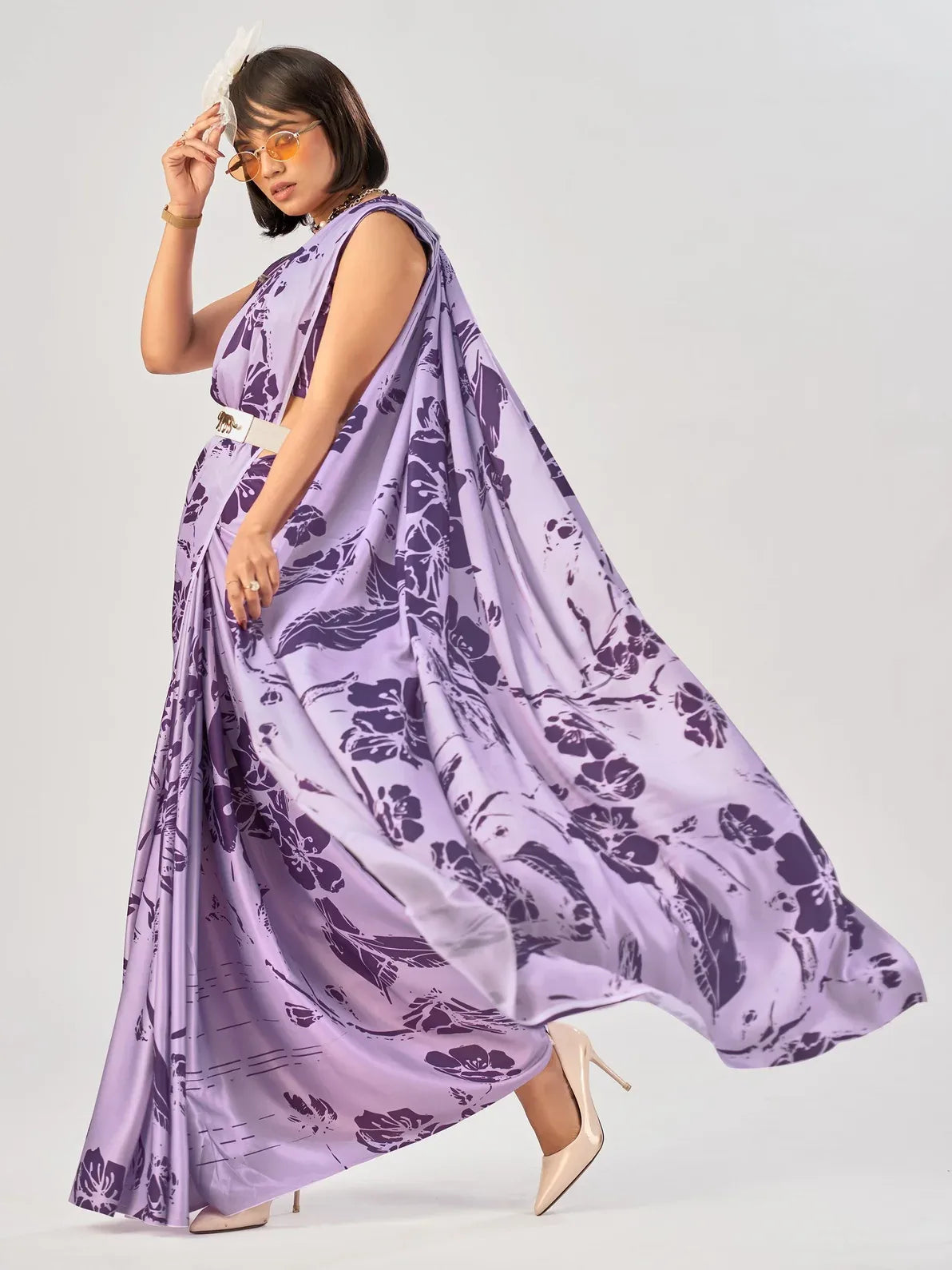 Glowing Lavender Flower Print Satin Festive Wear Saree With Blouse