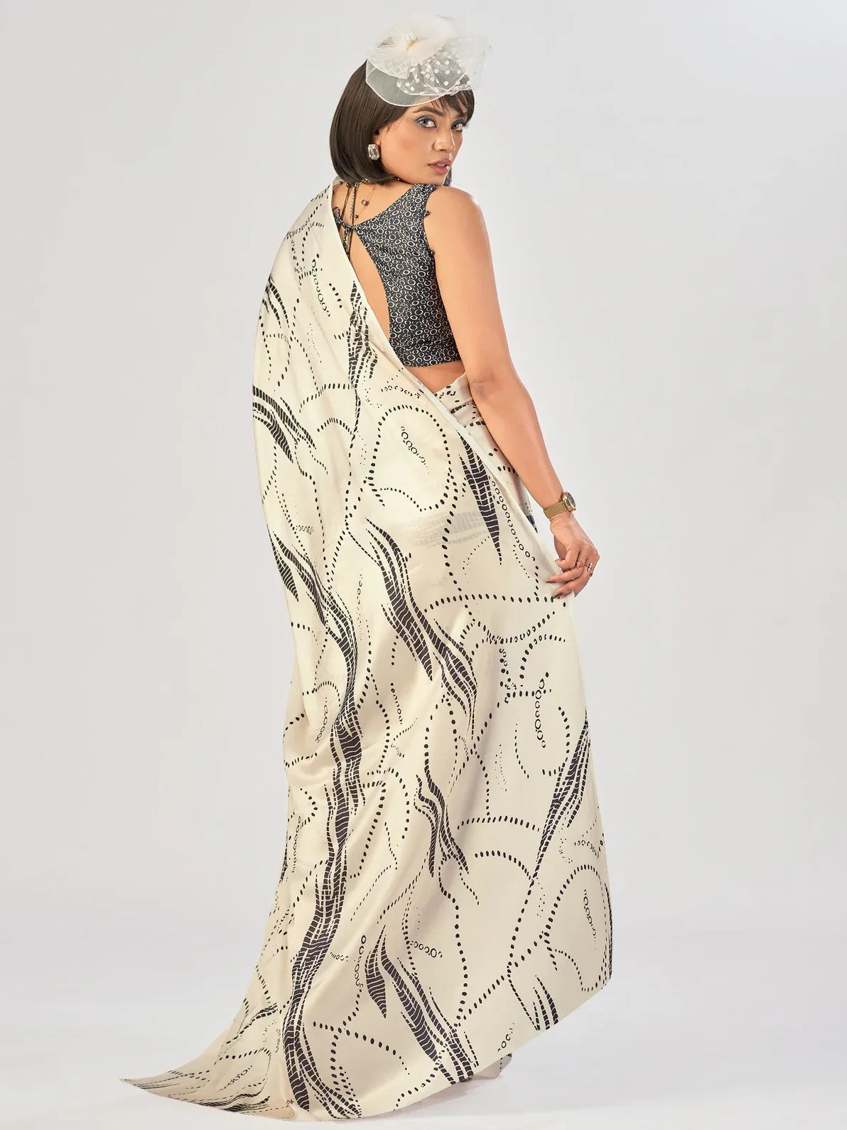 Stunning Off-White Printed Satin Daily Wear Saree With Blouse