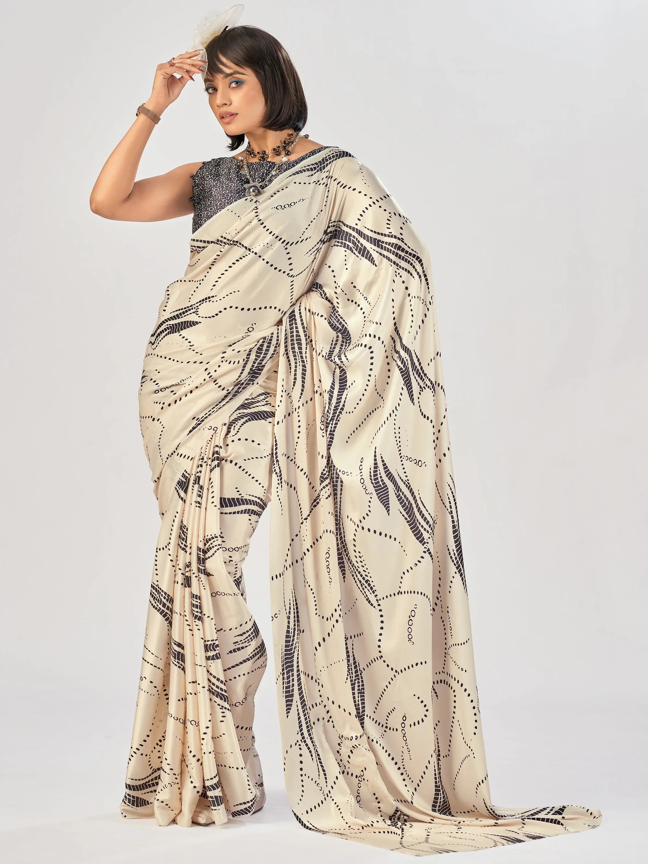 Stunning Off-White Printed Satin Daily Wear Saree With Blouse