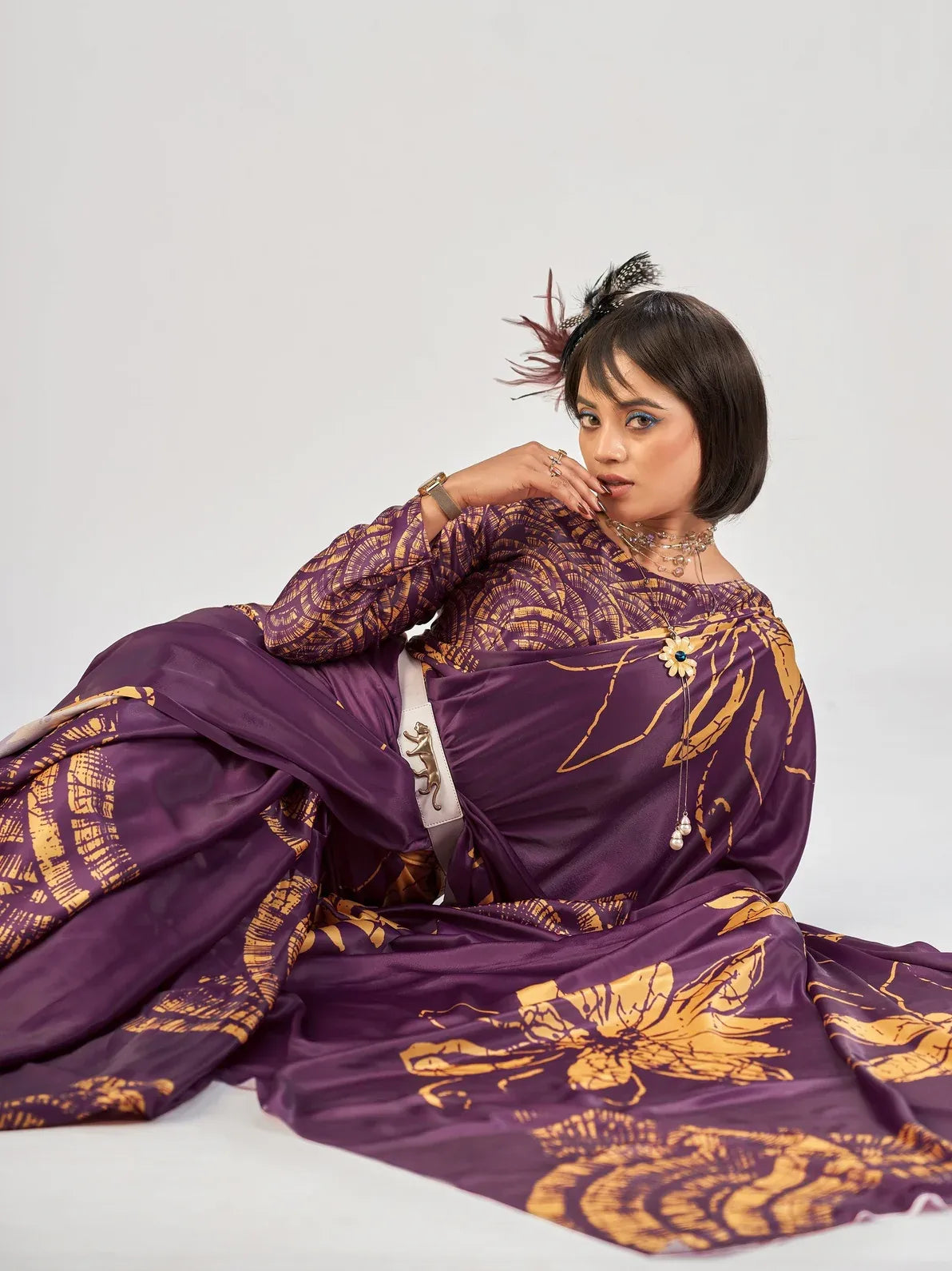 Gorgeous Wine Floral Printed Satin Traditional Saree With Blouse