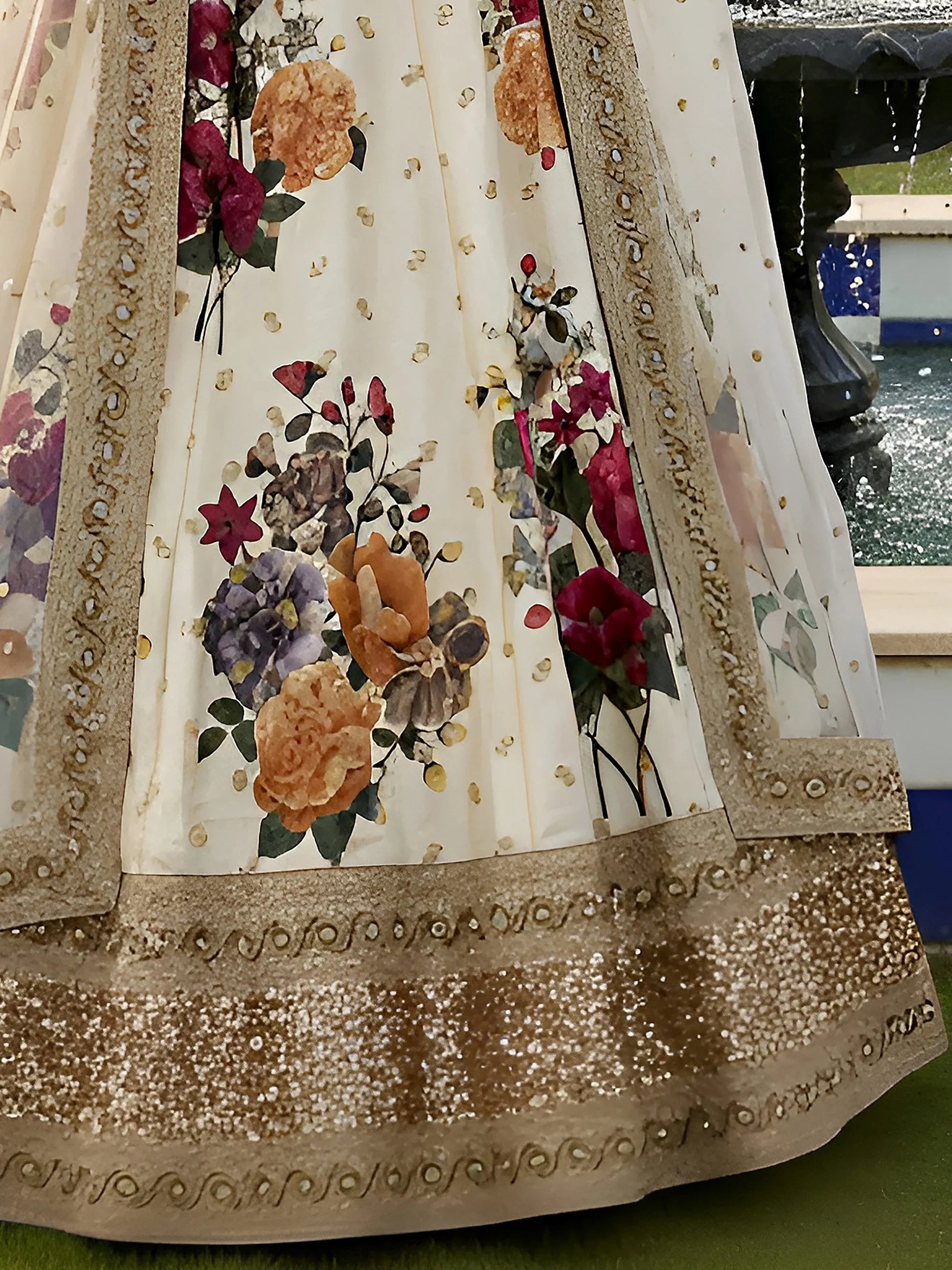 Glamorous Cream Printed Silk Festival Wear Plus Size Lehenga Choli