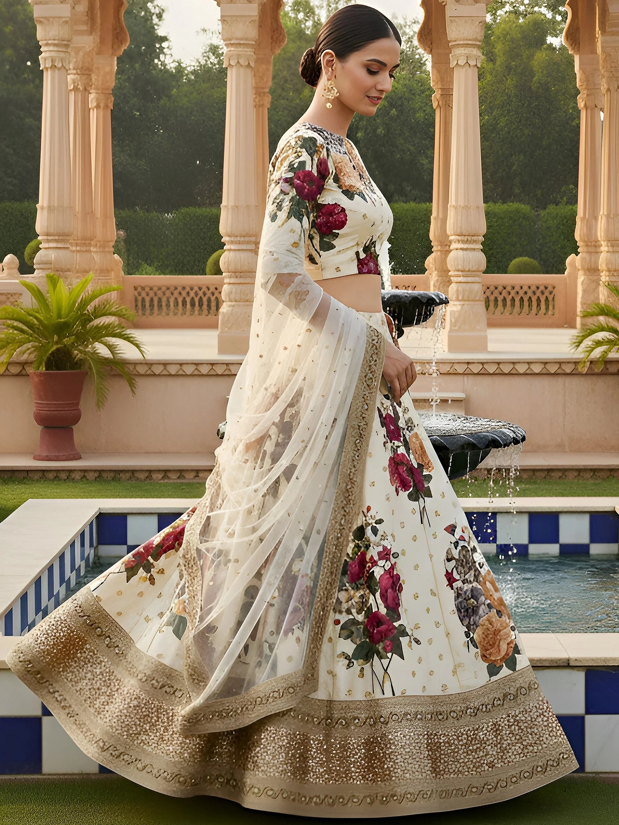 Glamorous Cream Printed Silk Festival Wear Plus Size Lehenga Choli