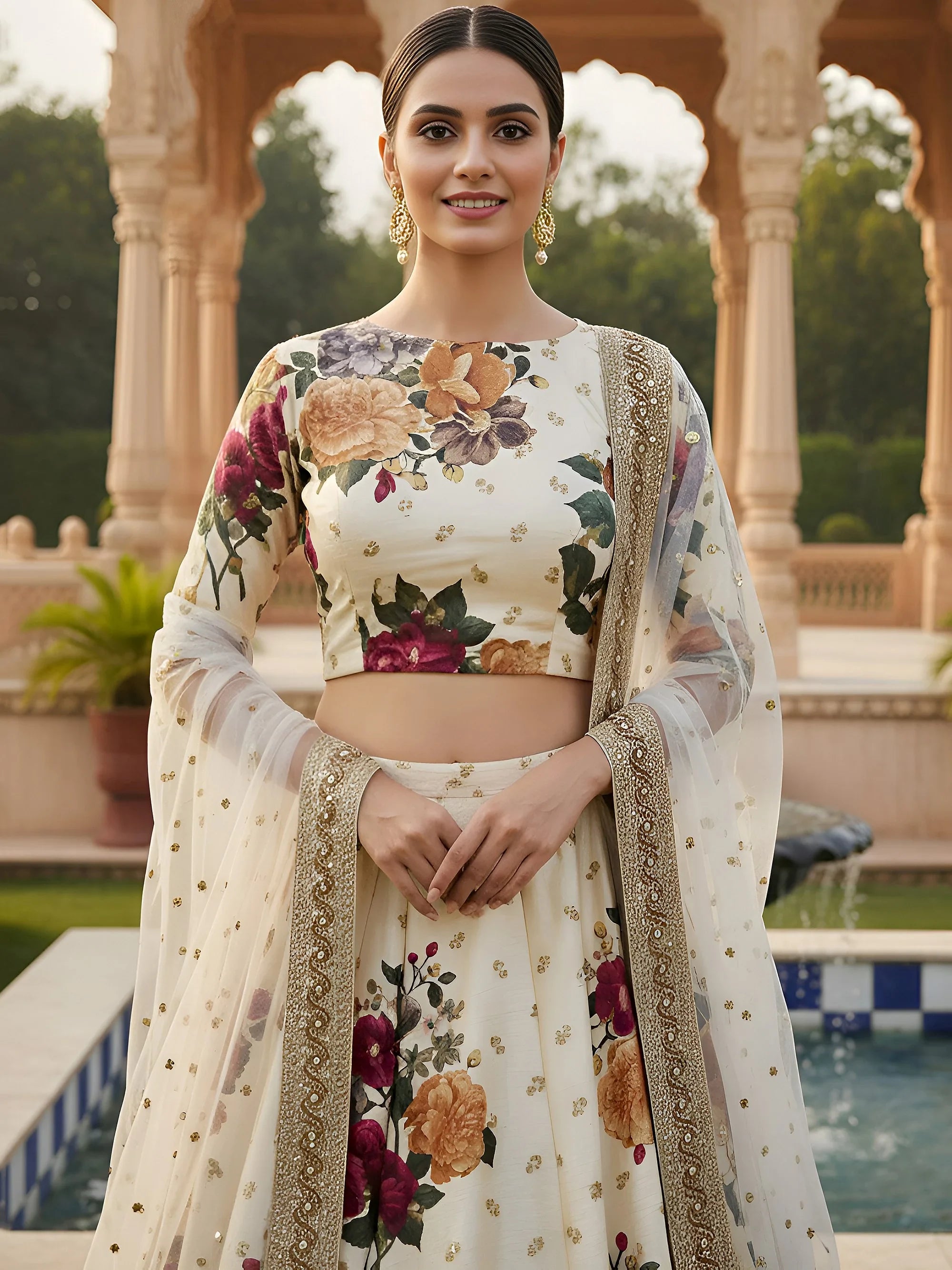 Glamorous Cream Printed Silk Festival Wear Plus Size Lehenga Choli