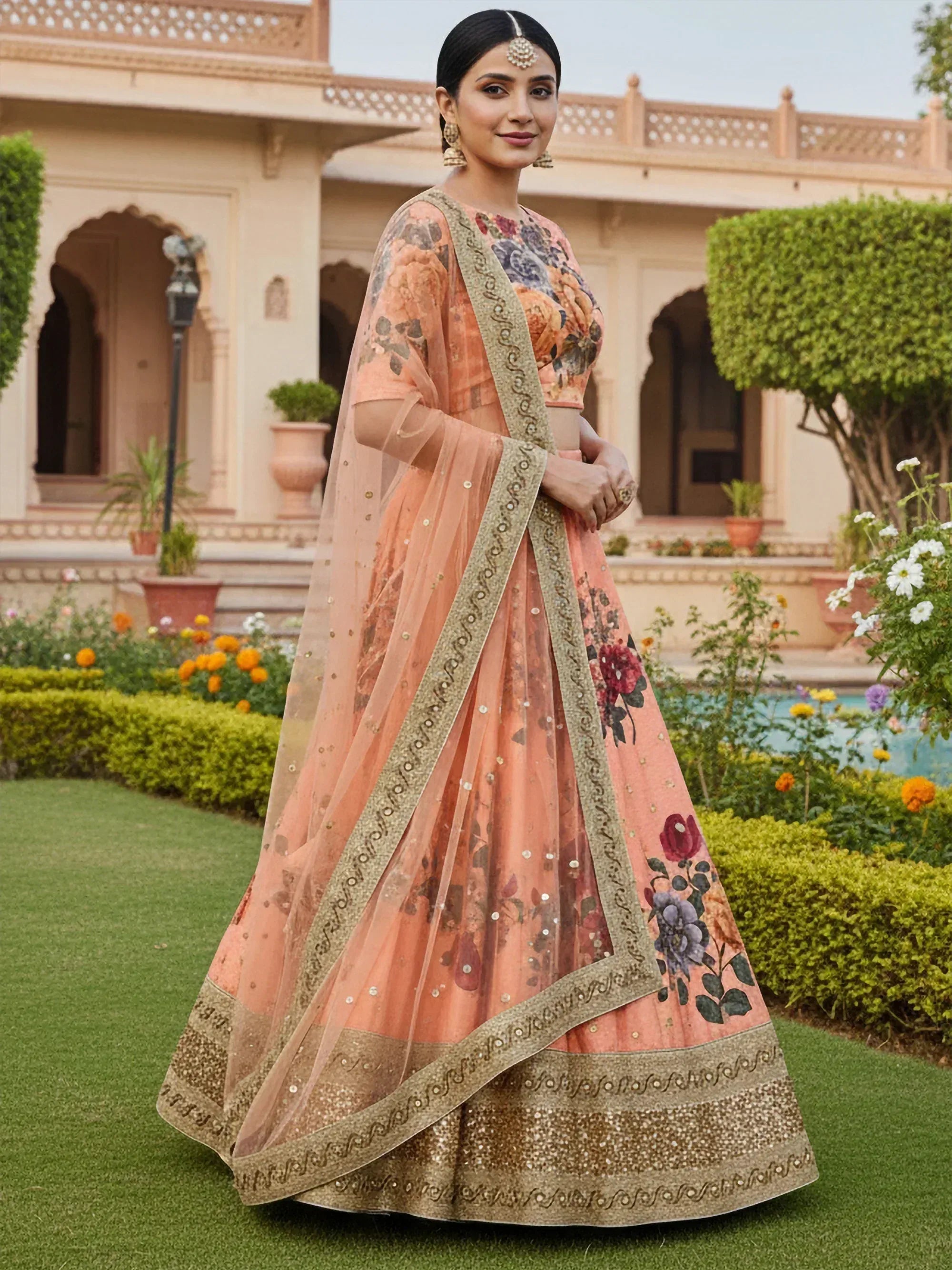 Peach floral lehenga choli with gold embroidery, perfect for Indian weddings and festive occasions
