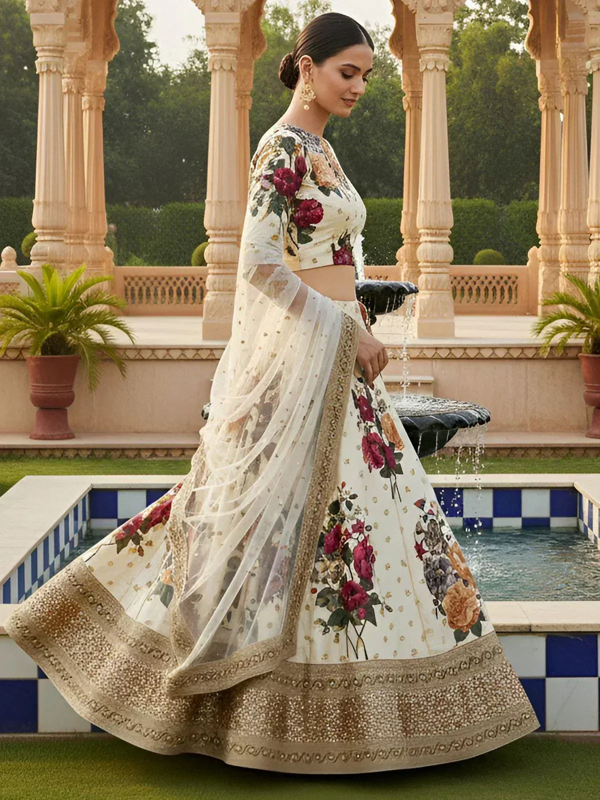 Floral embroidered lehenga choli with gold border, perfect for Indian weddings and festive occasions