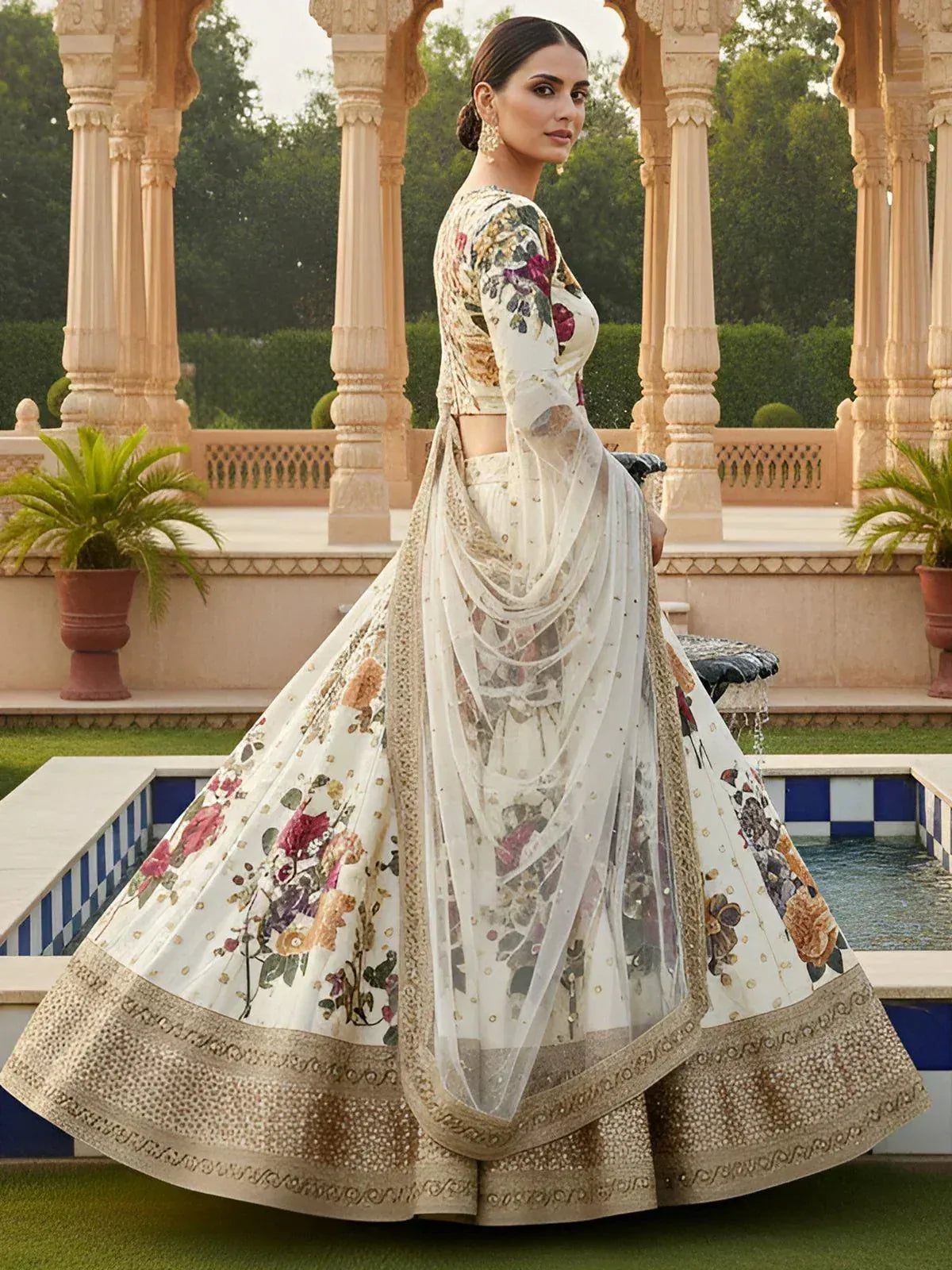 Floral embroidered lehenga choli with sheer dupatta, perfect for Indian weddings and festive occasions.