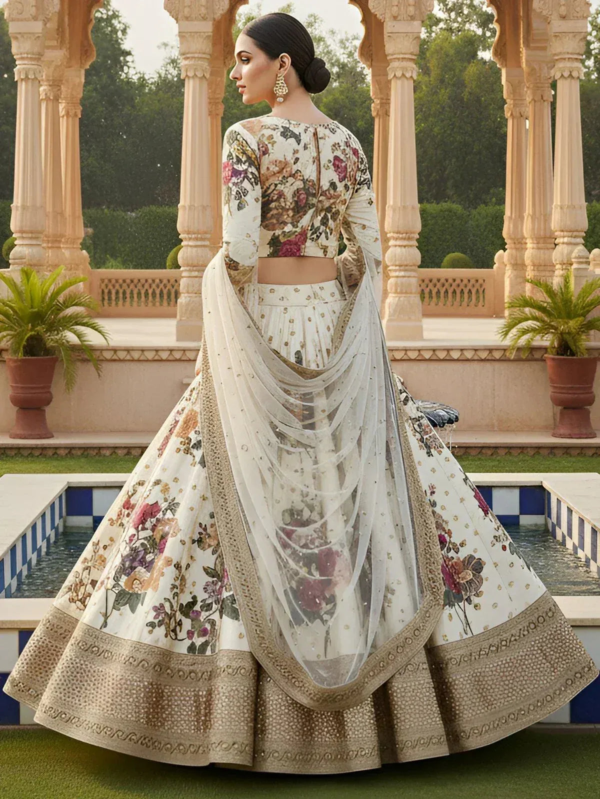 Floral print lehenga choli with sheer dupatta, perfect for Indian weddings and ethnic events