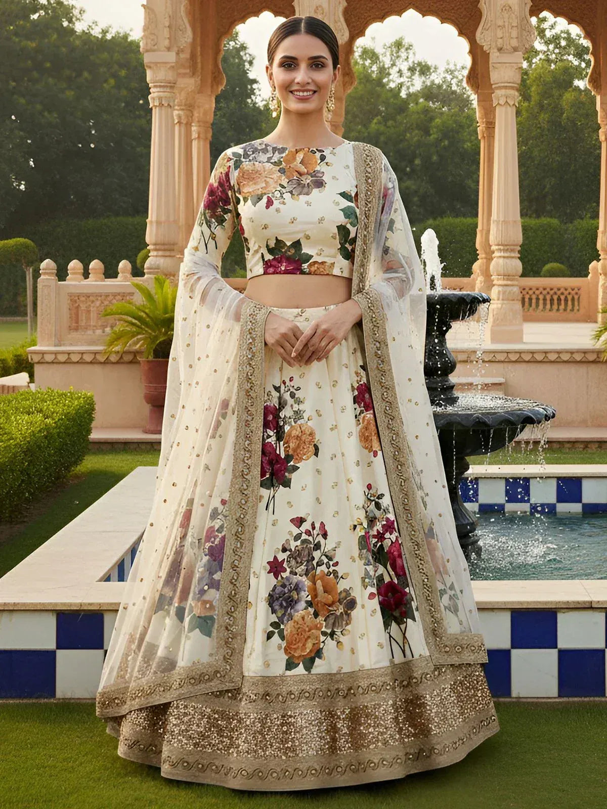 Floral print designer lehenga choli with gold embroidery, perfect for Indian weddings and festive occasions