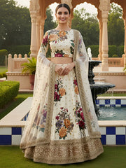 Fabulous Cream Floral Printed Silk Wedding Lehenga Choli With Dupatta
