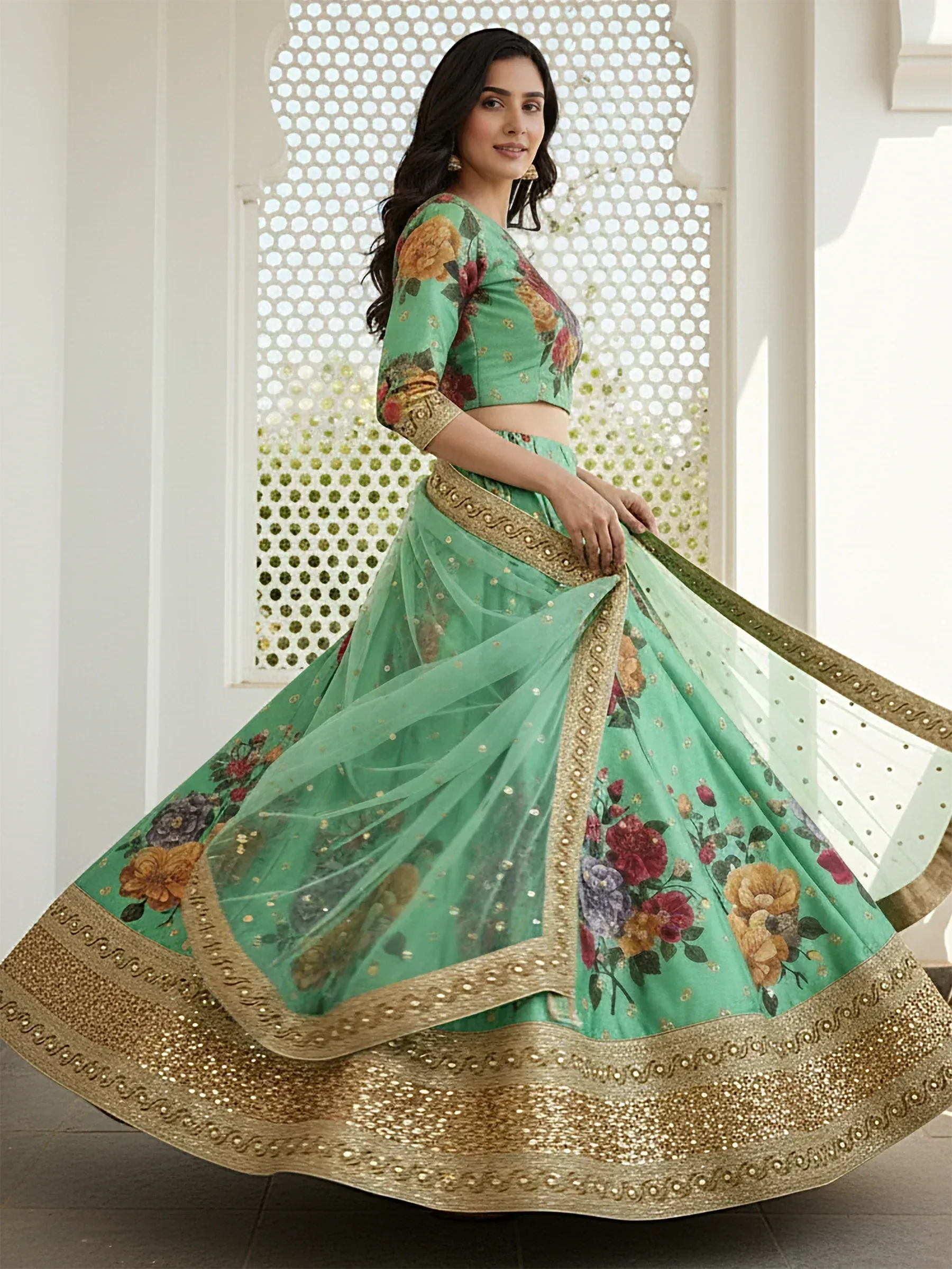Green floral lehenga choli with gold embroidery, perfect for Indian ethnic wear and festive occasions.
