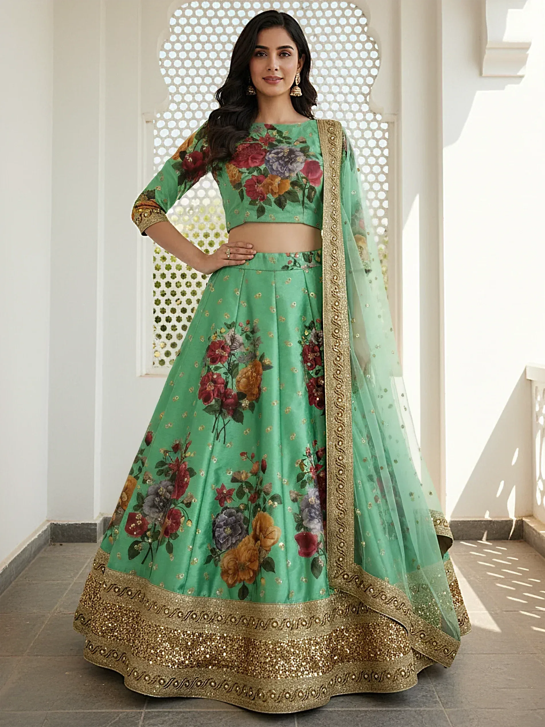 Green floral lehenga choli with gold embroidery, perfect for Indian ethnic wear occasions