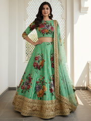 Amazing Green Floral Printed Silk Traditional Lehenga Choli With Dupatta