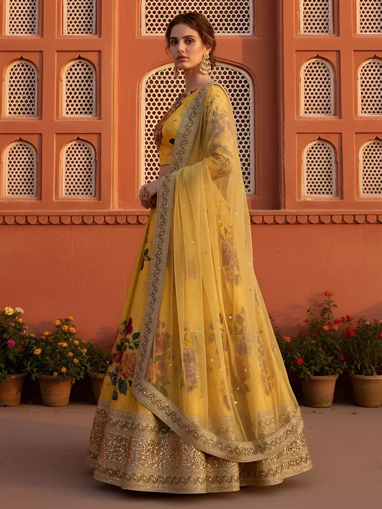 Yellow floral lehenga choli with gold embroidery, perfect for Indian ethnic wear and festive occasions.