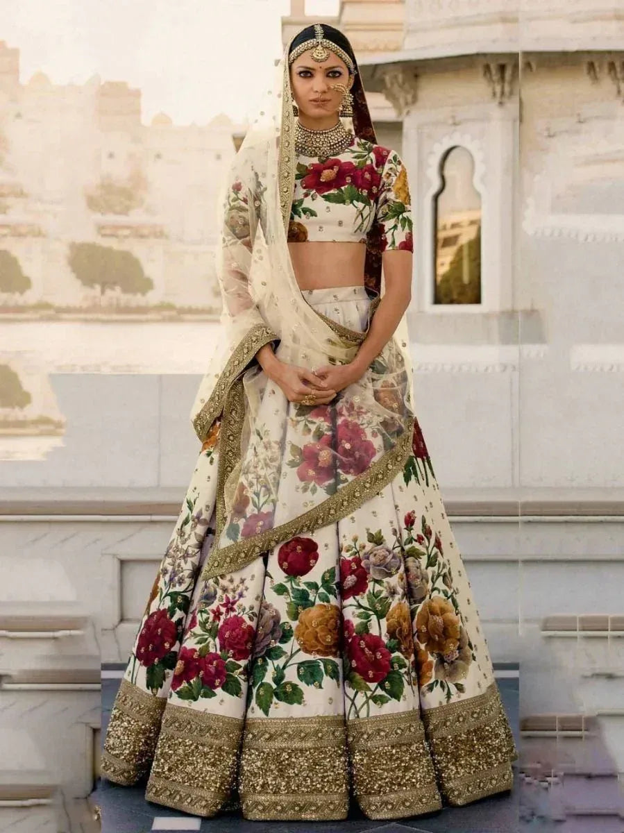 Floral print designer lehenga choli with gold embroidery, perfect for Indian weddings and ethnic events