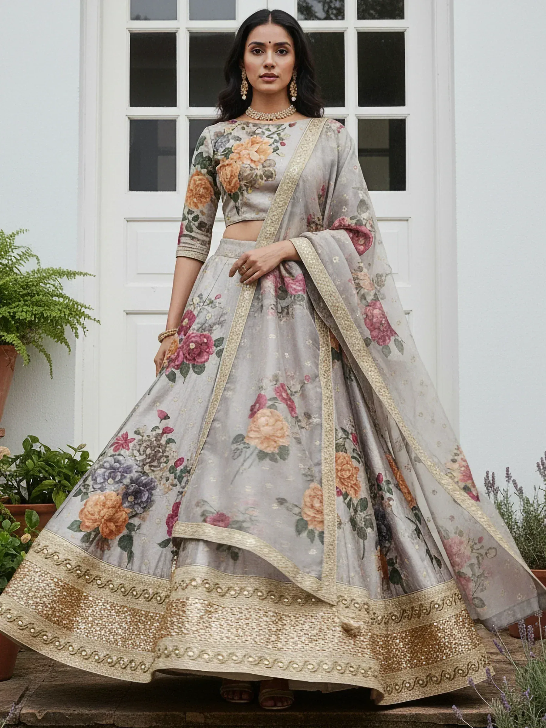 Grey floral lehenga choli with gold border, perfect for Indian weddings and festive occasions