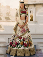 Cream Floral Digital Printed Art Silk Bridal Lehenga Choli