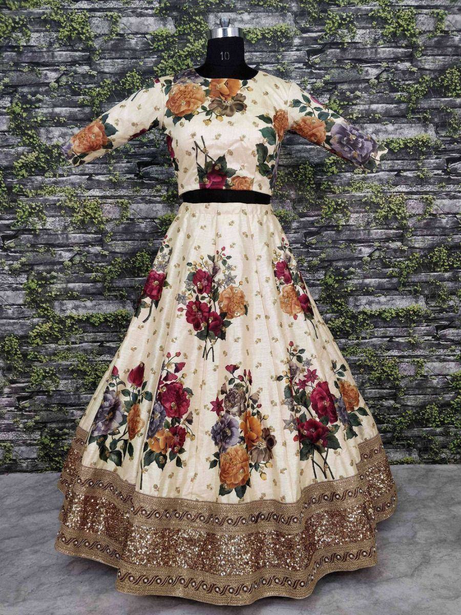 Cream floral print lehenga choli with gold embroidery, perfect for Indian ethnic wear occasions