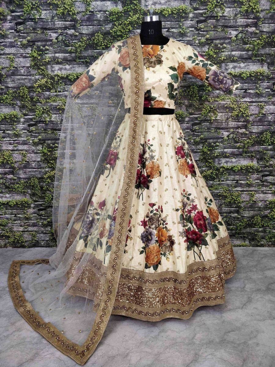 Floral print cream lehenga choli with gold border and sheer dupatta, ethnic Indian wear
