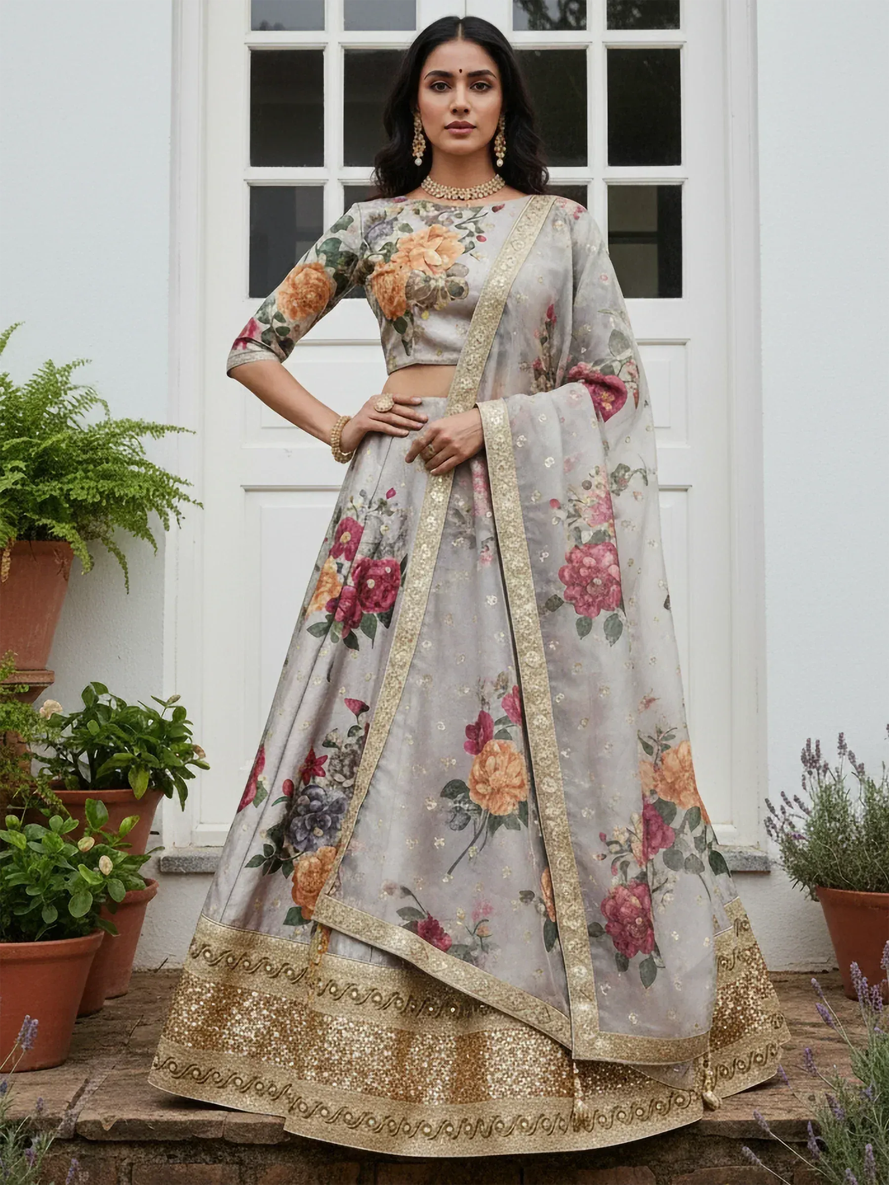 Floral printed grey lehenga choli with gold border, perfect for Indian ethnic occasions