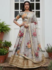 Awesome Gray Floral Printed Art Silk Lehenga Choli With Dupatta