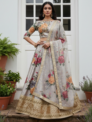 Awesome Gray Floral Printed Art Silk Lehenga Choli With Dupatta
