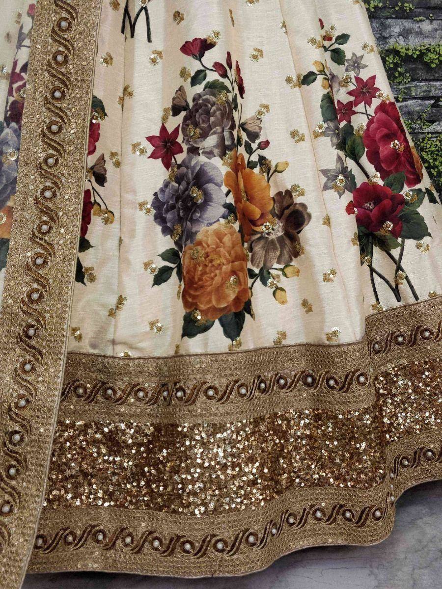 Floral print lehenga with gold sequin border, ethnic Indian wear for weddings and festivals