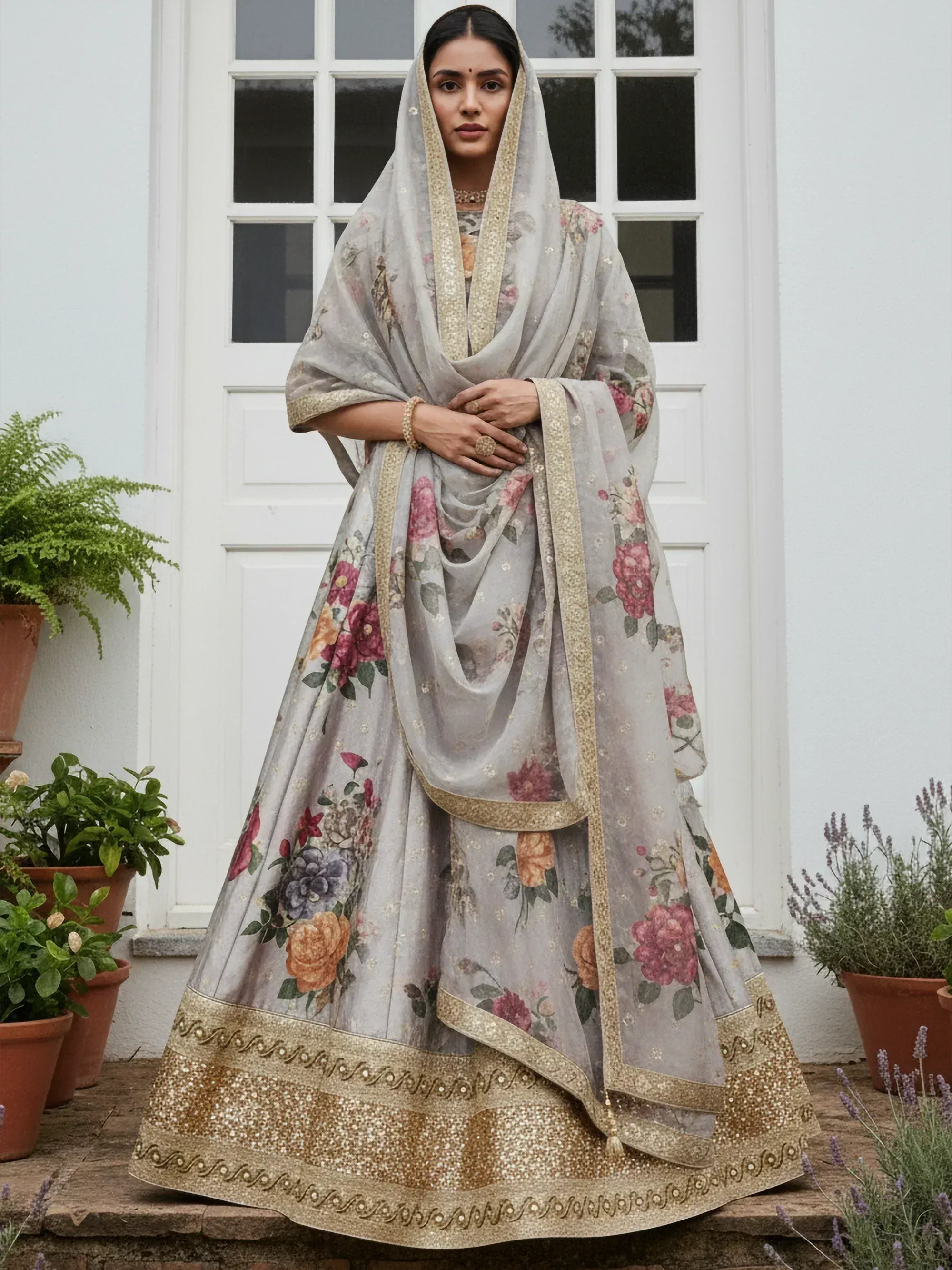 Grey floral lehenga choli with gold embroidery, perfect for Indian ethnic wear occasions