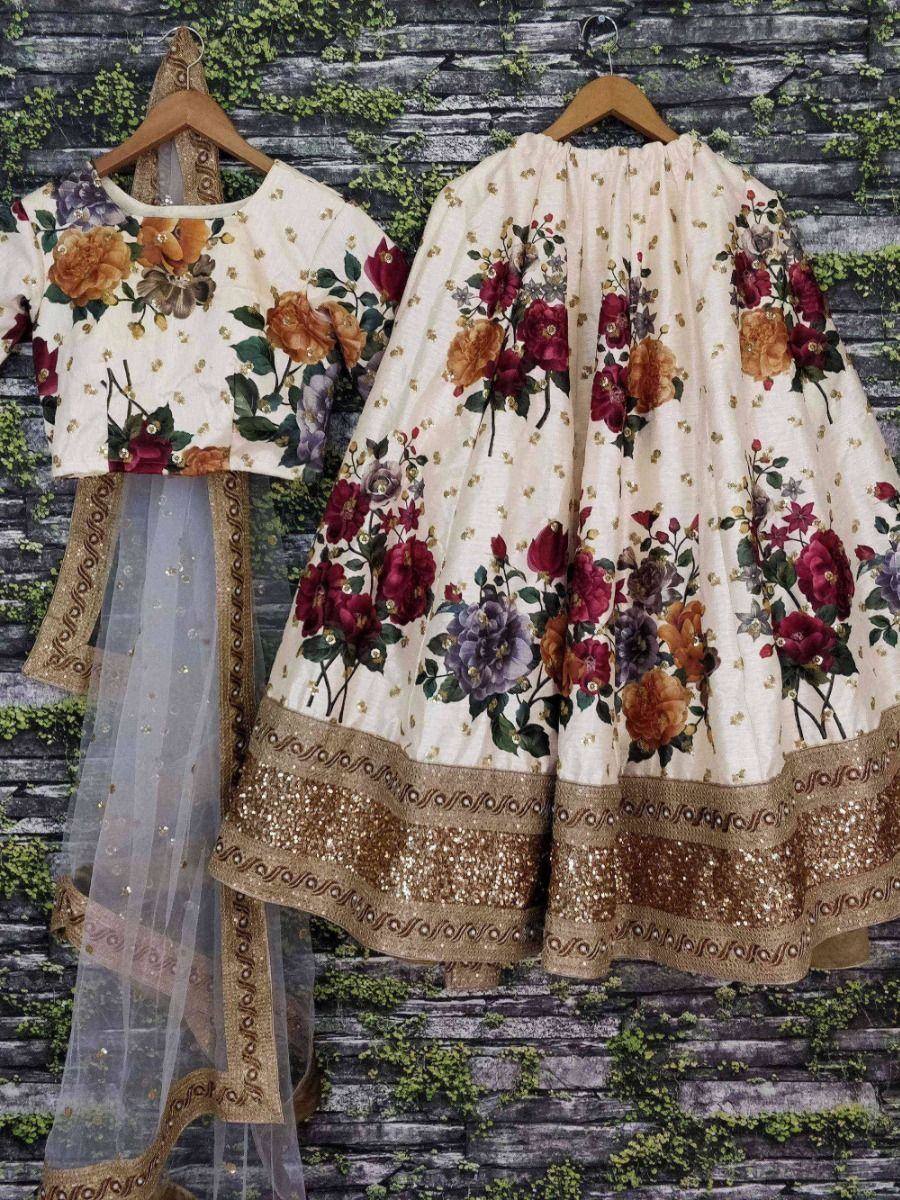 Floral print lehenga choli with gold embroidery, perfect for Indian ethnic wear occasions