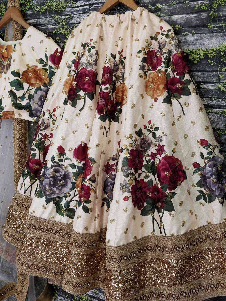 Floral print lehenga choli with gold embroidery and sequin border, Indian ethnic wear