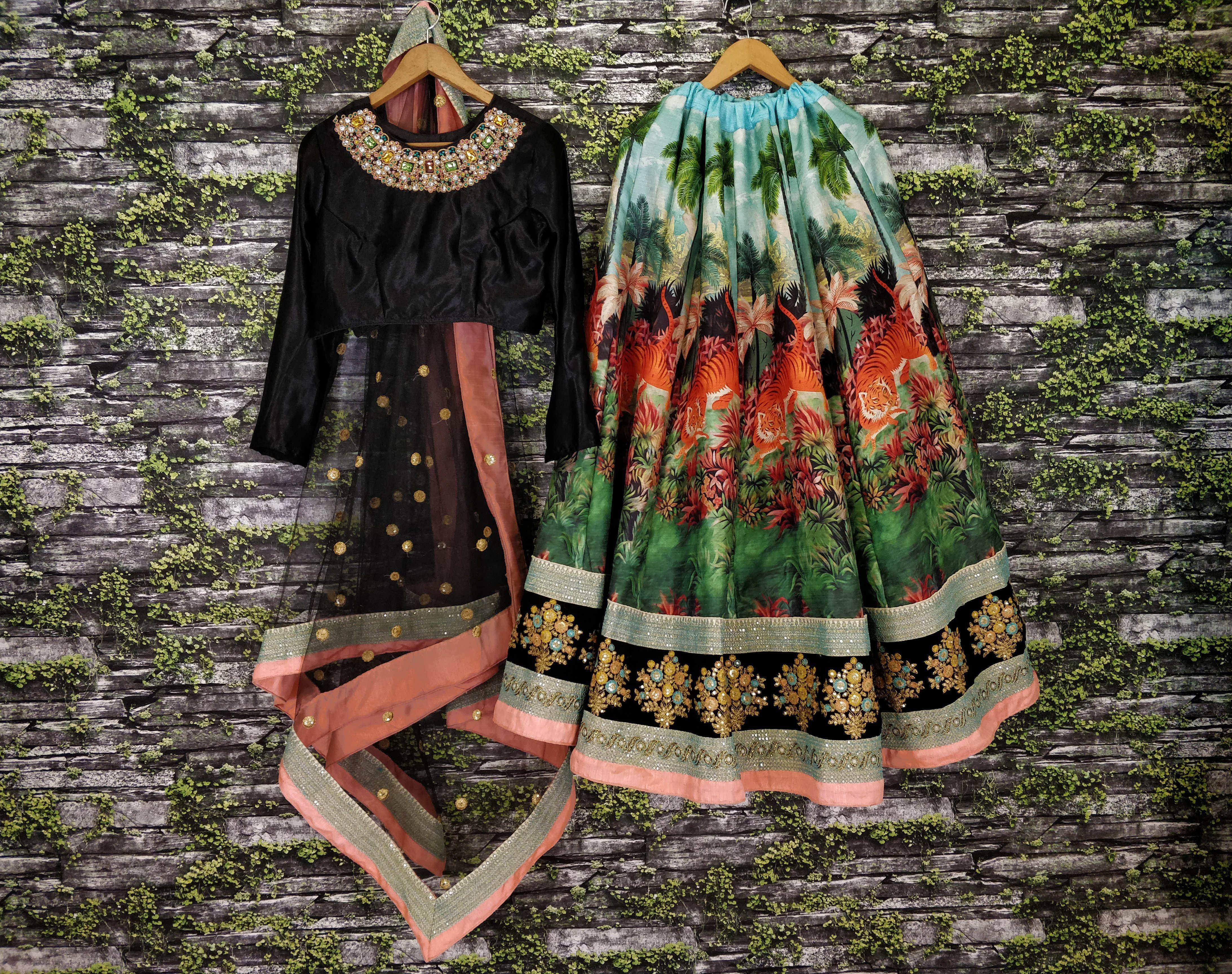 Black embroidered top with tropical print skirt, Indian ethnic wear set