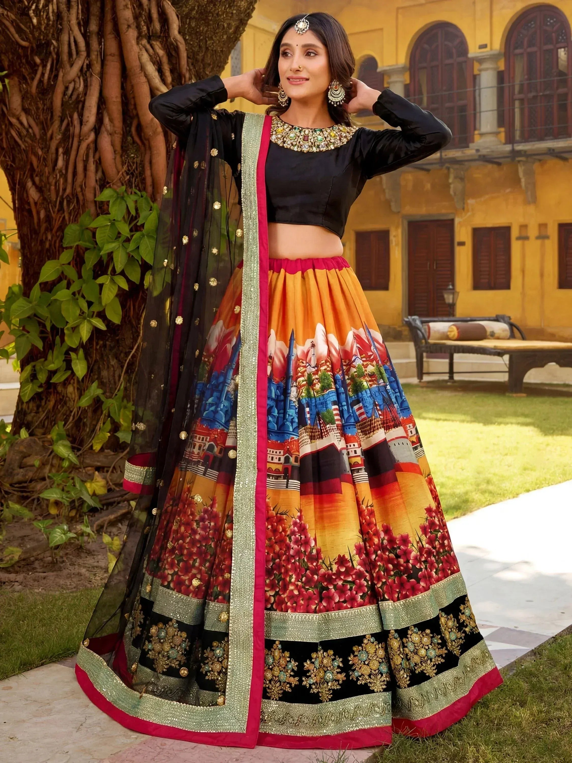 Glowing Multicolor Embroidered Silk Festive Wear Lehenga Choli