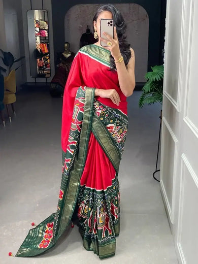 Ravishing Red Patola Printed Dola Silk Festival Wear Saree