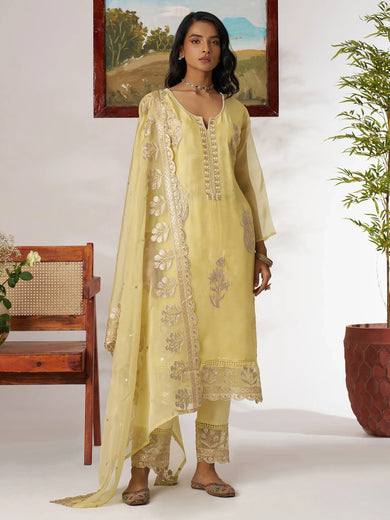 Glamorous Yellow Embroidered Organza Traditional Pant Suit
