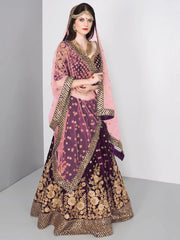 Purple Embroidered Velvet Wedding Lehenga Choli With Dupatta
