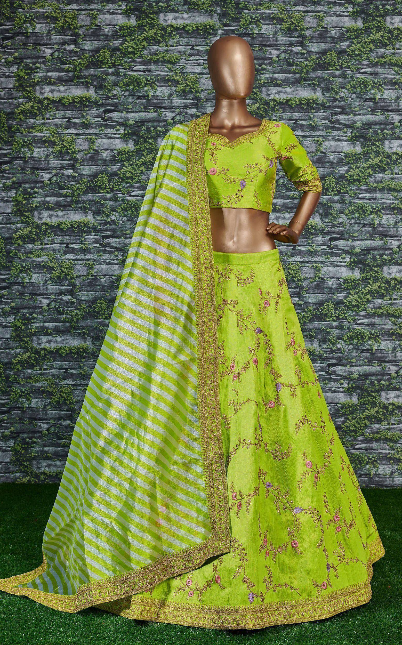 Lime green embroidered lehenga choli with striped dupatta, perfect for Indian ethnic wear occasions