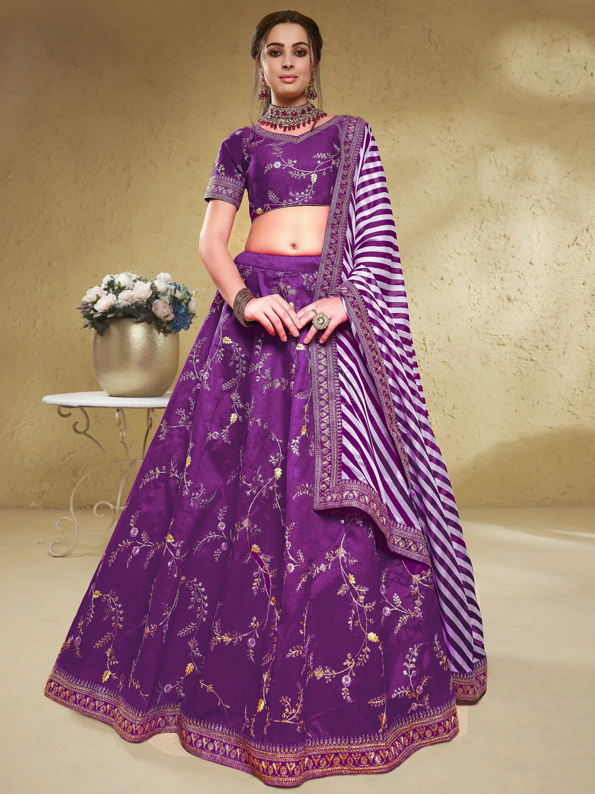 Purple embroidered lehenga choli with striped dupatta, Indian ethnic wear for women