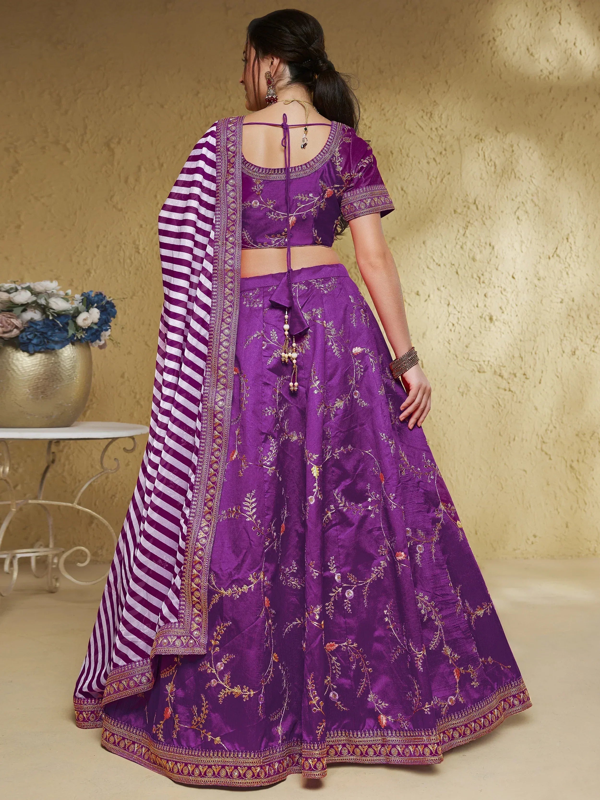 Purple embroidered lehenga choli with striped dupatta, ethnic wear for women