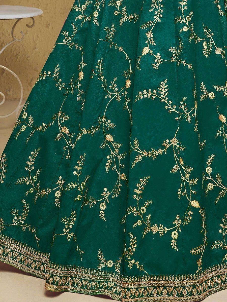 Emerald green lehenga with gold floral embroidery and border, Indian ethnic wear