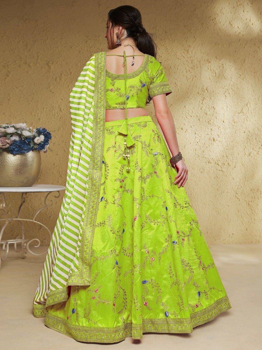 Vibrant green embroidered lehenga choli with striped dupatta, perfect for Indian ethnic wear occasions