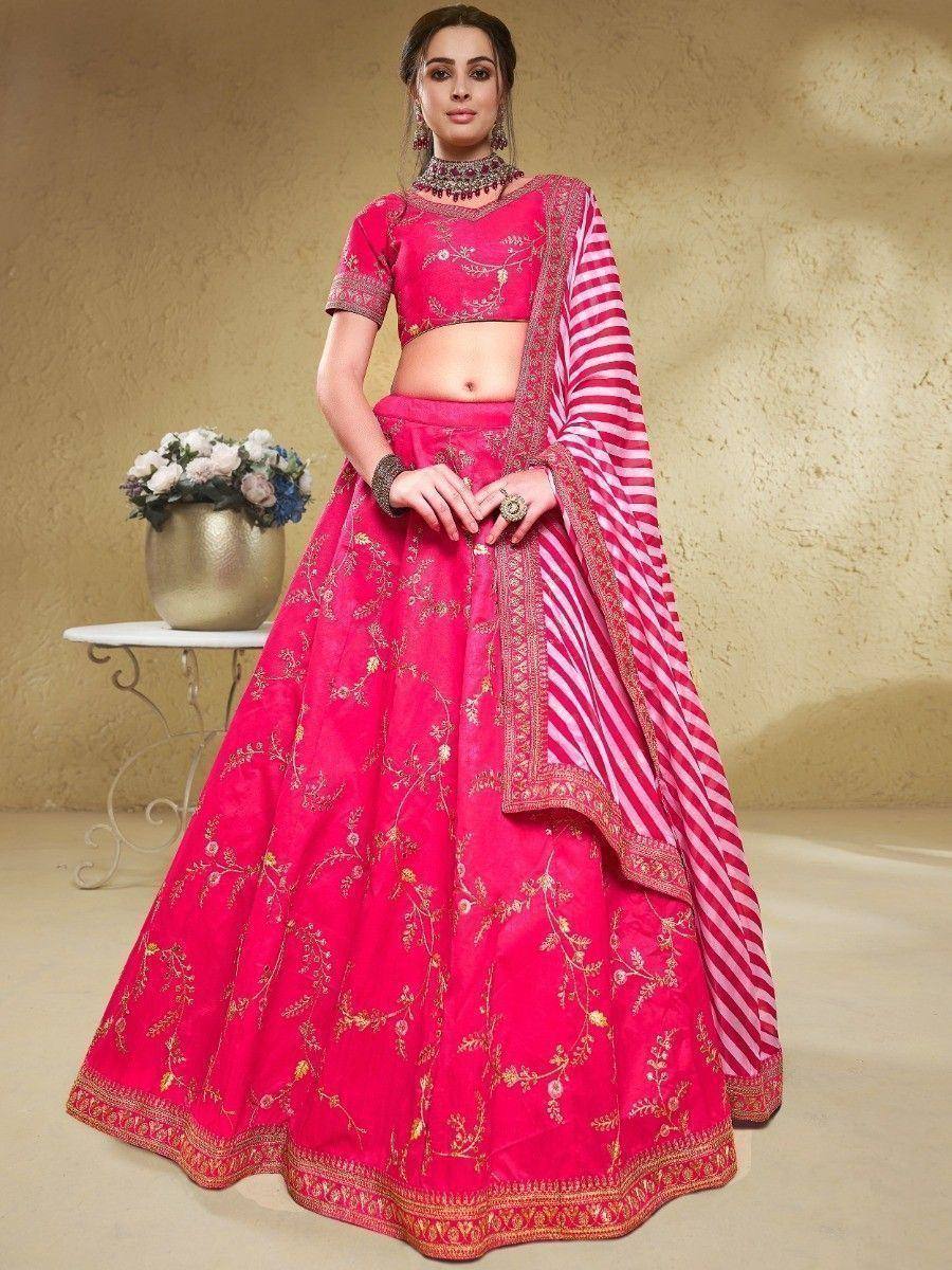 Pink embroidered lehenga choli with striped dupatta, Indian ethnic wear for weddings and festivals