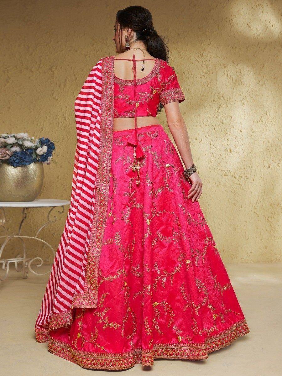 Pink embroidered lehenga choli with striped dupatta, Indian ethnic wear for women