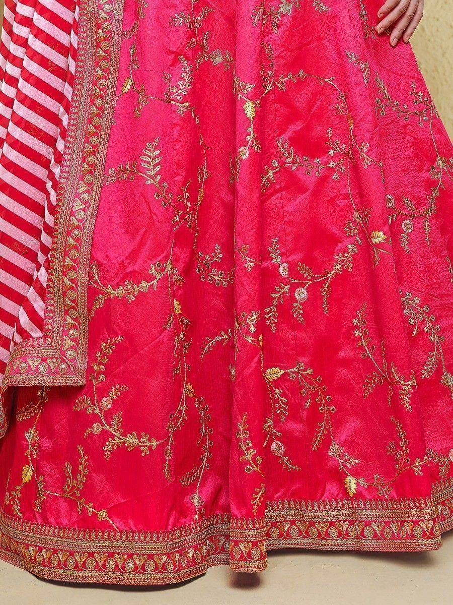Pink lehenga with gold floral embroidery and striped dupatta, ethnic Indian wear