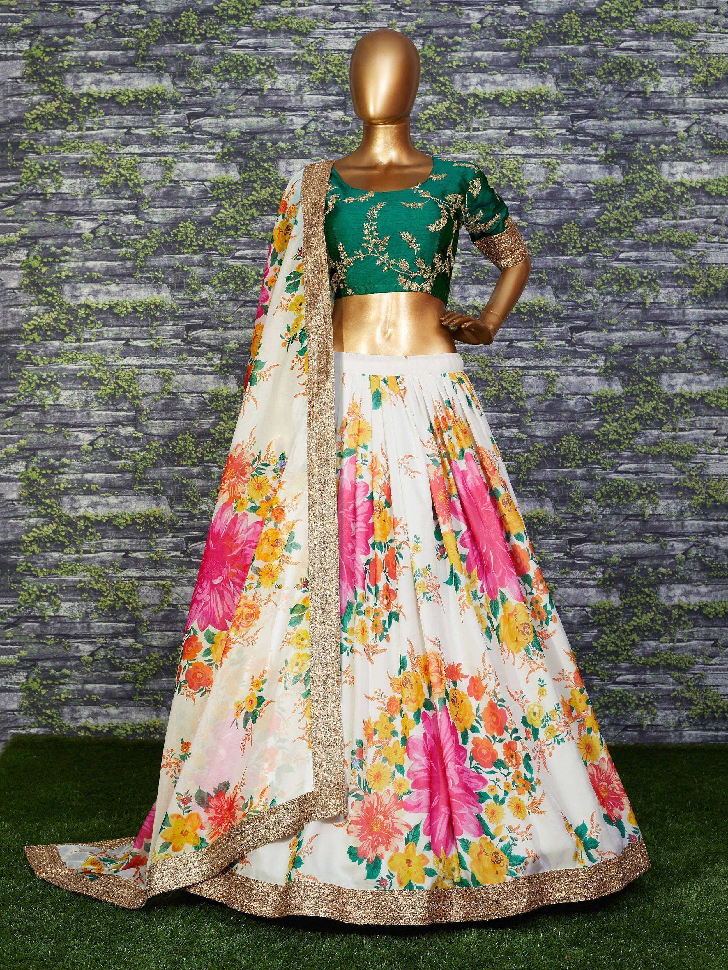 Green embroidered blouse with floral white lehenga and dupatta, Indian ethnic wear