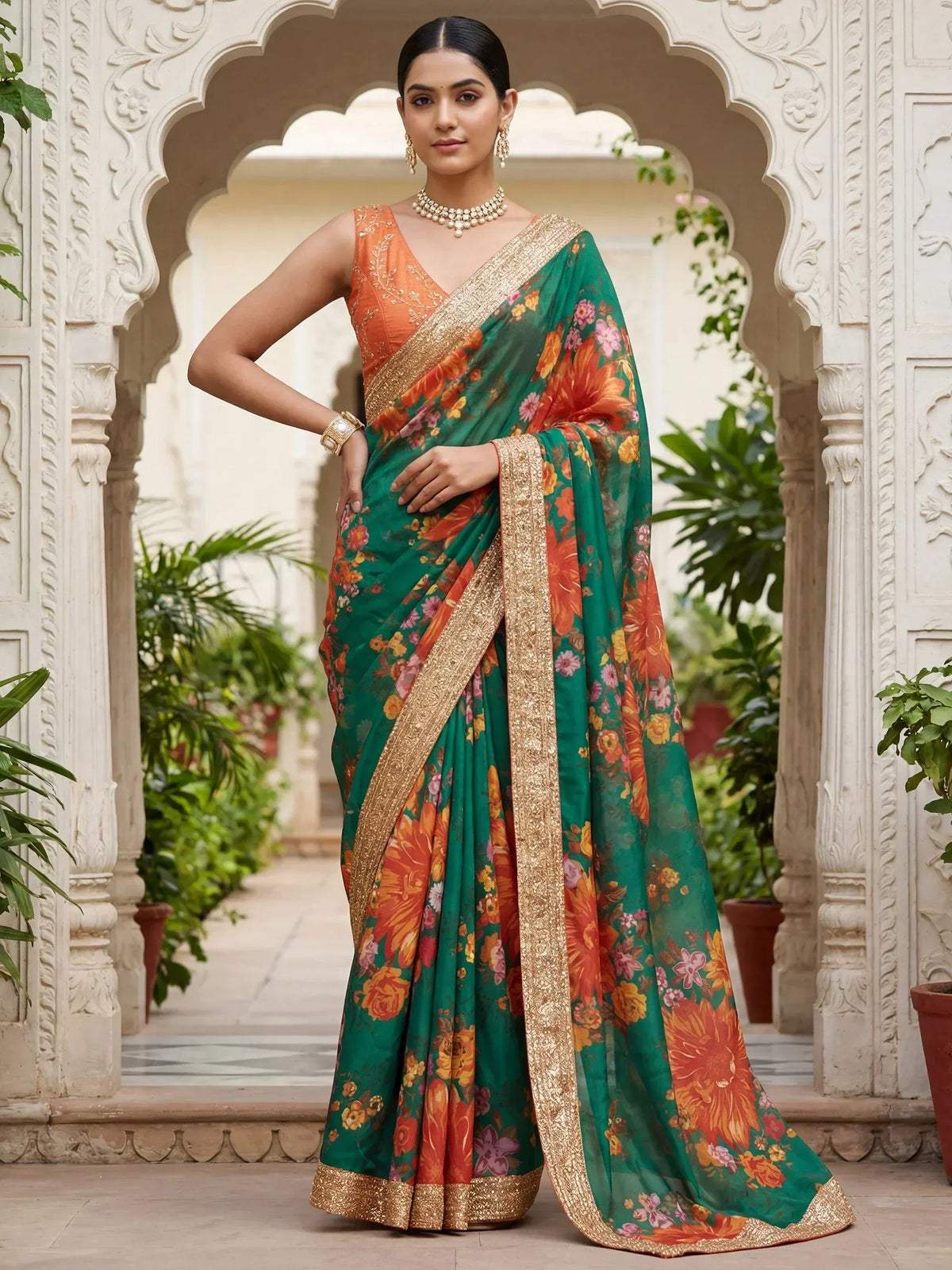 Green floral saree with gold border, orange blouse, Indian ethnic wear for women