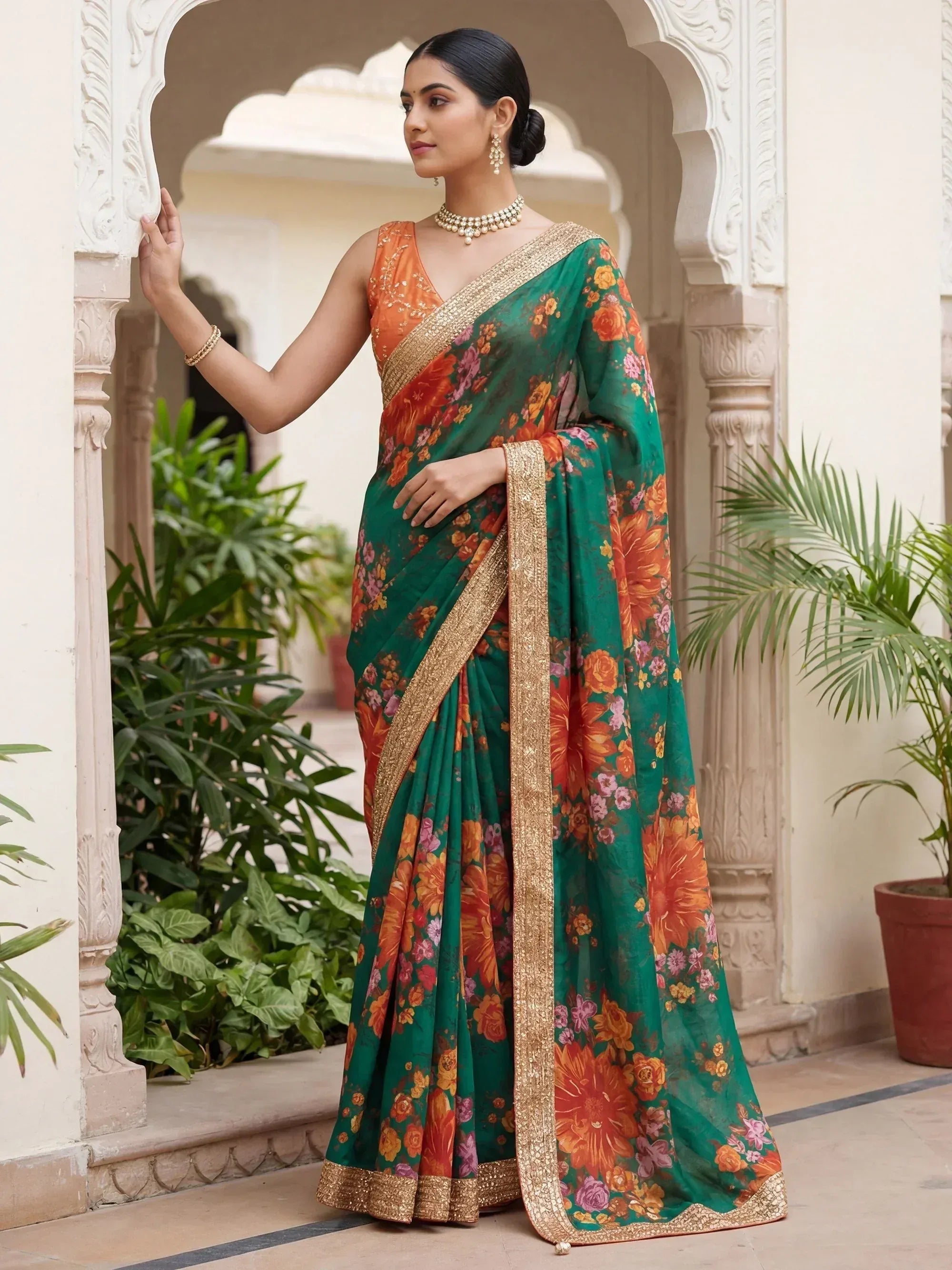 Stunning Green Floral Printed Organza Festival Wear Saree With Blouse