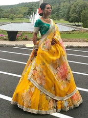 Green-Yellow Floral Digital Printed Organza Bridal Lehenga Choli